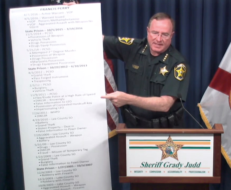 Sheriff Grady Judd holding criminal rap sheet