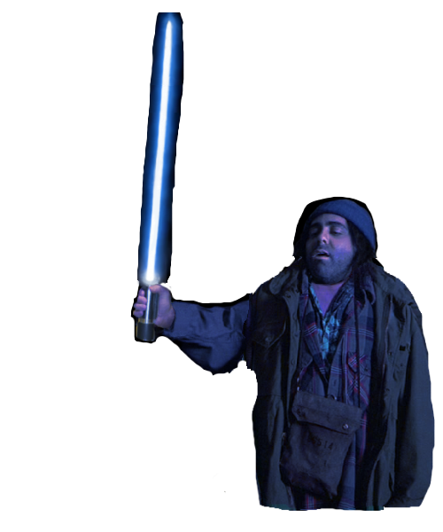 funny fake picture of a Star Wars Jedi geek holding lightsaber gag reel